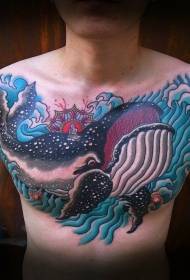 chest blue spray with big whale tattoo pattern