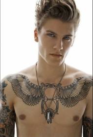 чоловічі груди гігантські крила пір'я та пісочний годинник Чорний татуювання візерунок