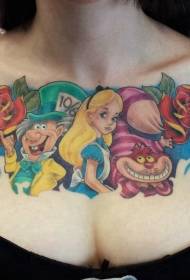 Krūtinės mielos spalvos fantazijos Alisa „Wonderland“ animacinių filmų tatuiruotės modelyje