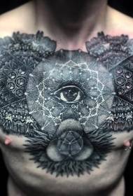 male chest eyes with various ornamental geometric tattoo patterns