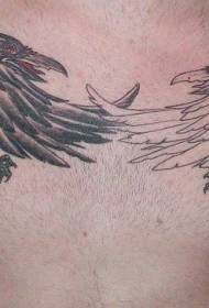 black and white crow chest tattoo pattern