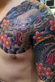 félig elképesztő színes ázsiai stílusú sárkány virág tetoválás mintával