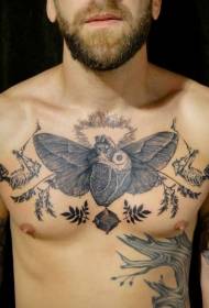 krūtinės juodos tikroviškos širdies ir sparnų augalų tatuiruotės modelis