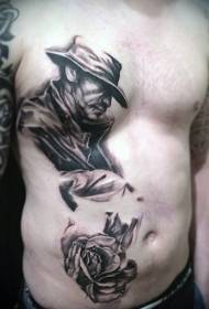 male belly black and white Western style with rose tattoo pattern