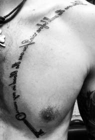 letras pretas no peito e padrão de tatuagem chave