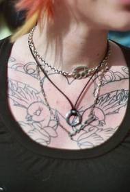girls chest black line heart-shaped bird tattoo pattern