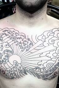 chest black and white Asian style Sun and spray tattoo pattern