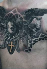 chest mysterious black and white devil portrait with skull and heart tattoo pattern