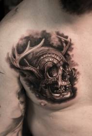chest realistic style black fantasy Skull with antlers tattoo pattern