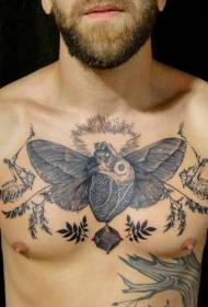 bröst gravyr stil svart hjärta med vingar tatuering mönster