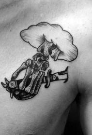 pugnale nuvola nera stile incisione sul petto con teschio a forma di tatuaggio