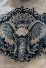 Chest prick style black elephant and leaf tattoo pattern