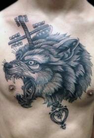 chest design unique black gray wolf head key tattoo pattern