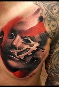 Retrato feminino en cor de peito con patrón mecánico de tatuaxe