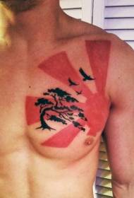 Chest Asian style red sun and black tree bird tattoo Pattern