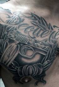 胸部樂趣現代手槍紋身圖案與字母植物