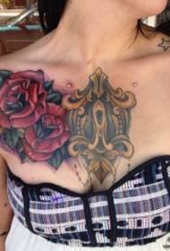 chest painting European and American rose tattoo Pattern