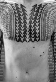 chest and arm huge black and white Geometric decorative tattoo pattern