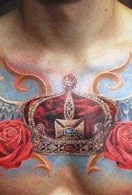 chest beautiful colored crown with wings and rose tattoo pattern