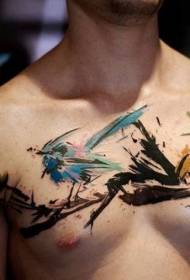 small chest color Bird and black splash ink tattoo pattern