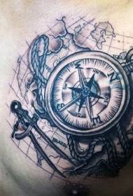 chest black gray compass with map tattoo pattern
