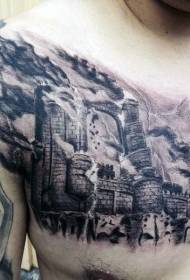 гърдите черно и бяло горящ замък татуировка модел