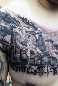 modèle de tatouage de château noir et blanc brûlant de la poitrine