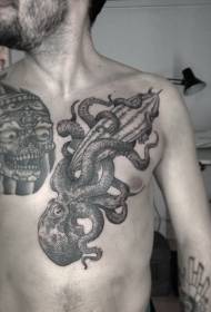 chest carving style octopus and skull tattoo pattern