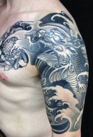 Japanese traditional style black dragon and chrysanthemum half tattoo pattern