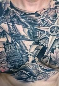 chest large-scale black gray nautical theme tattoo pattern