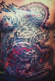 Abdomen Asian style color Godzilla tattoo pattern