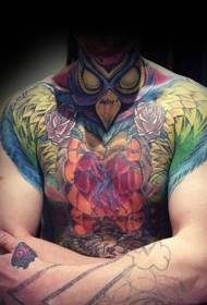 incredible color mysterious bird and flower tattoo pattern for chest and shoulder