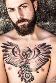 European male chest owl tattoo pattern