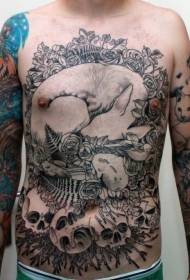 abdomen alb-negru de vulpe dormit floare și model de tatuaj craniu