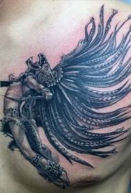 chest very personality black and white tribal warrior and feather tattoo pattern