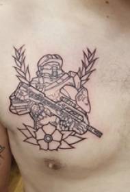 Militer Tattoo pola gambar dada laki-laki militer dan tato tanaman