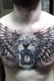 chest realistic style black lion and wings tattoo pattern