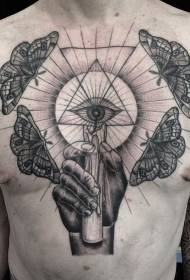 ແບບແກະສະລັກ ໜ້າ ເອິກ, ທຽນໃຫຍ່ສີ ດຳ ດ້ວຍຕາແລະຮູບຊົງ tattoo butterfly