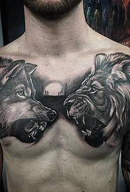 European and American chest black gray wolf head lion tattoo pattern