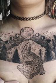 krūtinės graviūrų stiliaus juodo naktinio miško ir vilko tatuiruotės raštas
