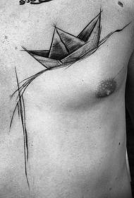 chest paper boat pen and ink style tattoo pattern