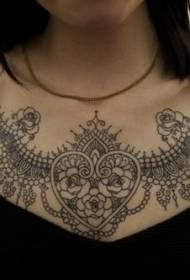 cute black line lace chest tattoo pattern
