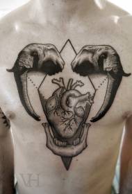 Krūškurvja reālistiska stila melna ziloņa galva ar sirds tetovējuma rakstu