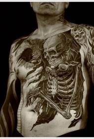 chest and abdomen realistic black and white skull skeleton tattoo pattern