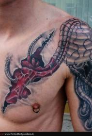 half armor colored mechanical and heart tattoo pattern