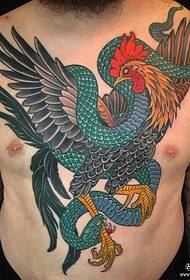 chest painted old school rooster snake tattoo pattern