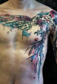 modello tatuaggio petto grande uccello colorato