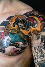 half-cartoon style color Asian warrior helmet tattoo pattern