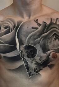 črno-bela lobanja prsnega koša z vzorcem tatoo srca in vrtnic