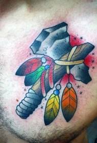 chest old school colored Indian axe with feather tattoo pattern